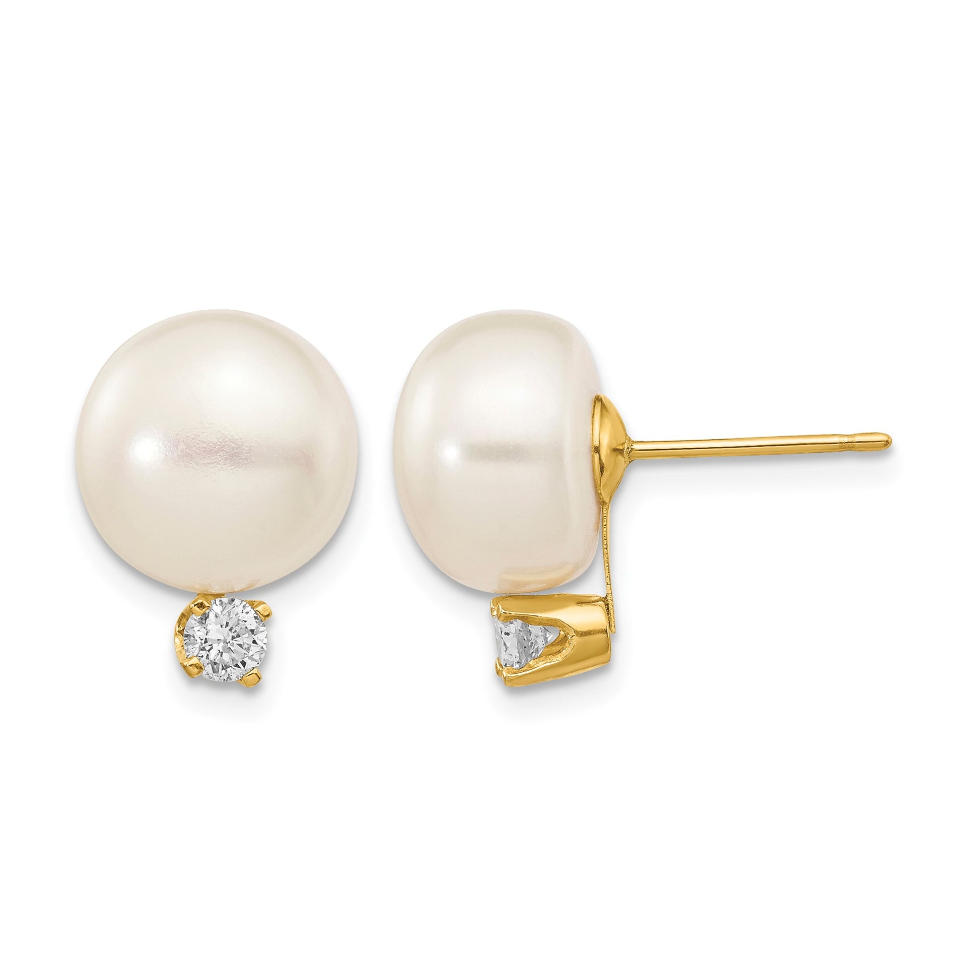 14k 10-11mm White Button Freshwater Cultured Pearl and .2 Carat Diamond Post Earrings