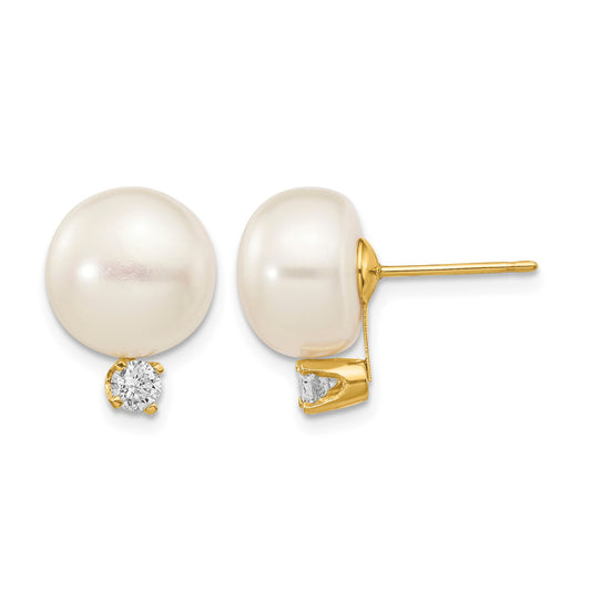 14k 10-11mm White Button Freshwater Cultured Pearl and .2 Carat Diamond Post Earrings