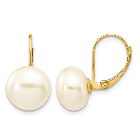14K 10-11mm White Button Freshwater Cultured Pearl Leverback Earrings