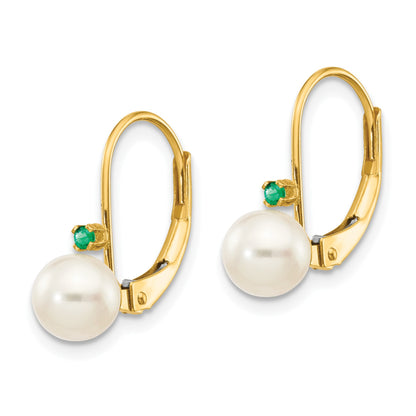 14k 5-5.5mm White Round Freshwater Cultured Pearl and .03EM Emerald Leverback Earrings