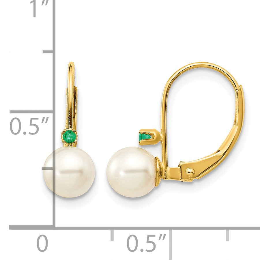 14k 5-5.5mm White Round Freshwater Cultured Pearl and .03EM Emerald Leverback Earrings