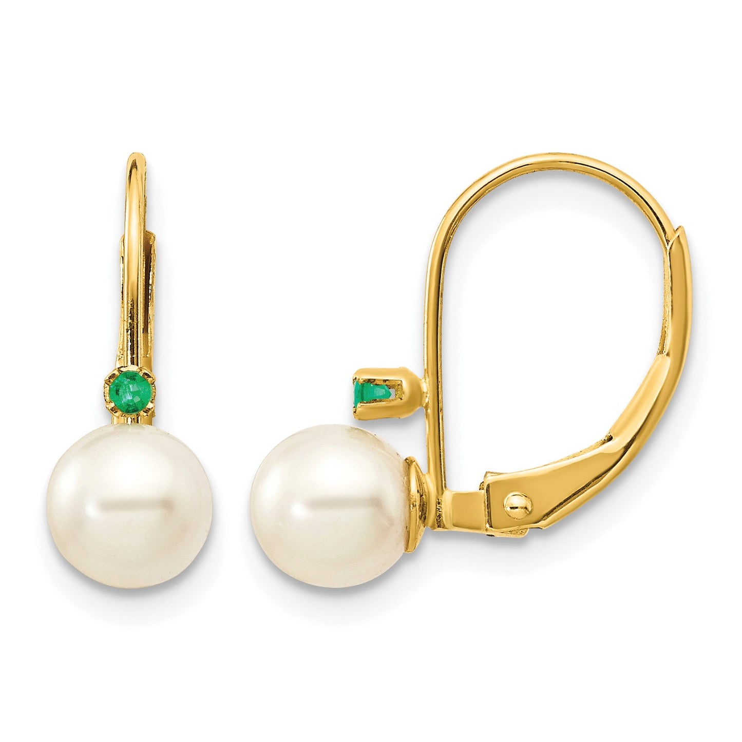 14k 5-5.5mm White Round Freshwater Cultured Pearl and .03EM Emerald Leverback Earrings