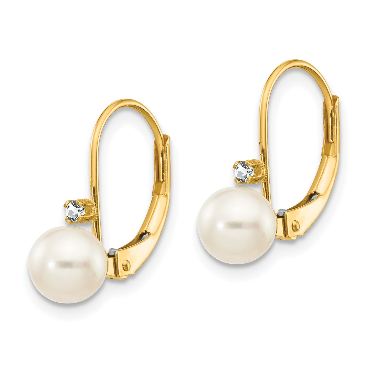 14k 5-6mm White Near-Round Freshwater Cultured Pearl and .03 carat AA Diamond Leverback Earrings