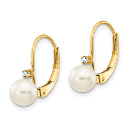14k 5-6mm White Near-Round Freshwater Cultured Pearl and .03 carat AA Diamond Leverback Earrings