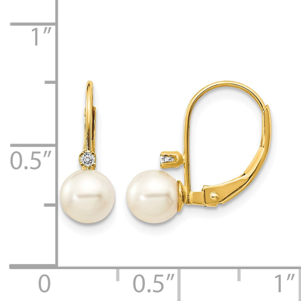 14k 5-6mm White Near-Round Freshwater Cultured Pearl and .03 carat AA Diamond Leverback Earrings