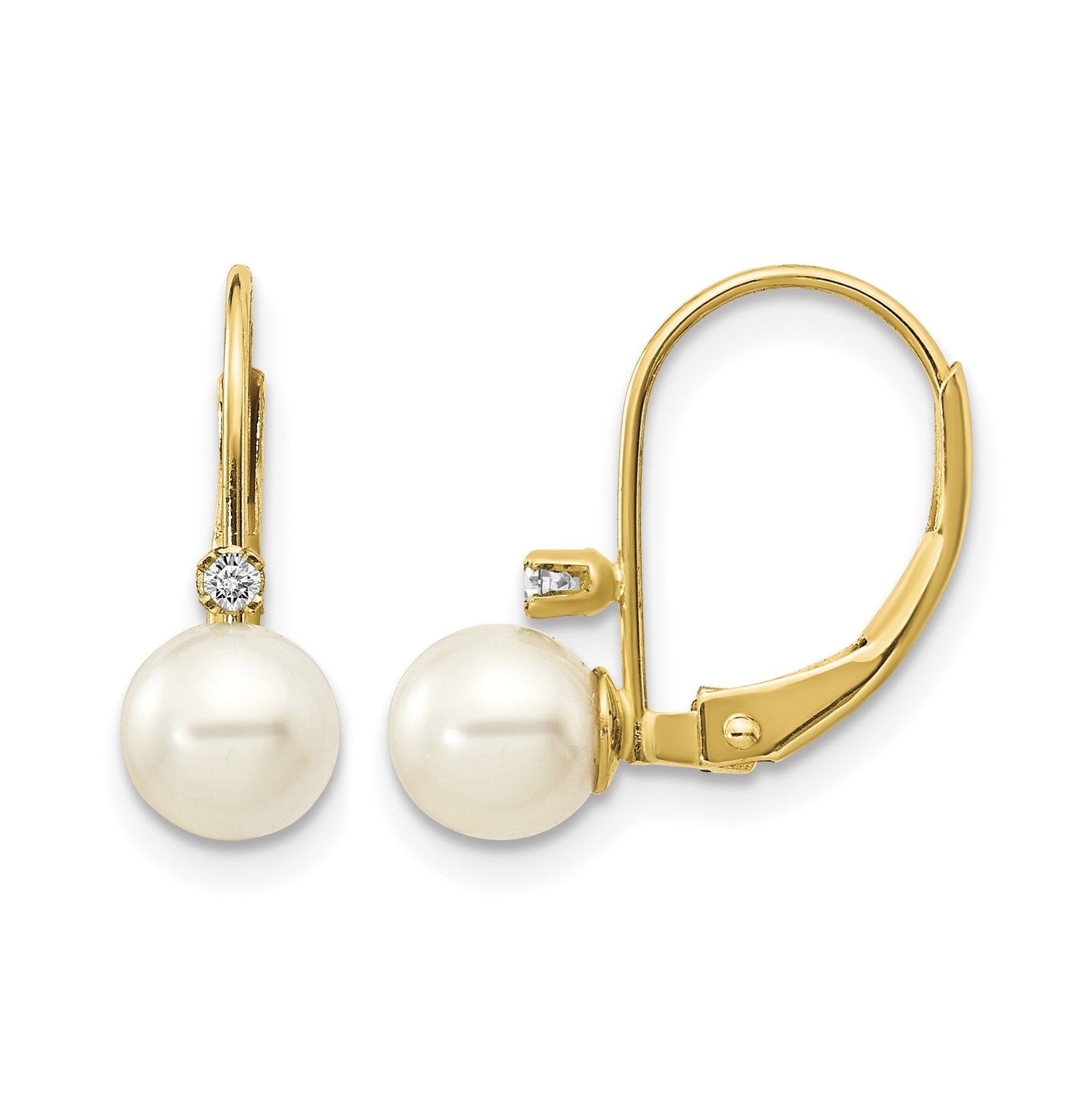 14k 5-6mm White Near-Round Freshwater Cultured Pearl and .03 carat AA Diamond Leverback Earrings