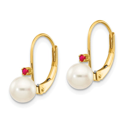 14k 5-5.5mm White Round Freshwater Cultured Pearl and .04RU Ruby Leverback Earrings