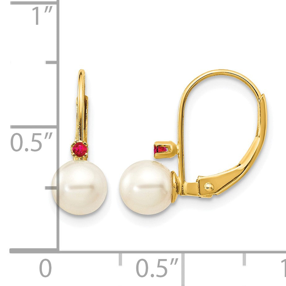14k 5-5.5mm White Round Freshwater Cultured Pearl and .04RU Ruby Leverback Earrings