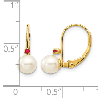 14k 5-5.5mm White Round Freshwater Cultured Pearl and .04RU Ruby Leverback Earrings