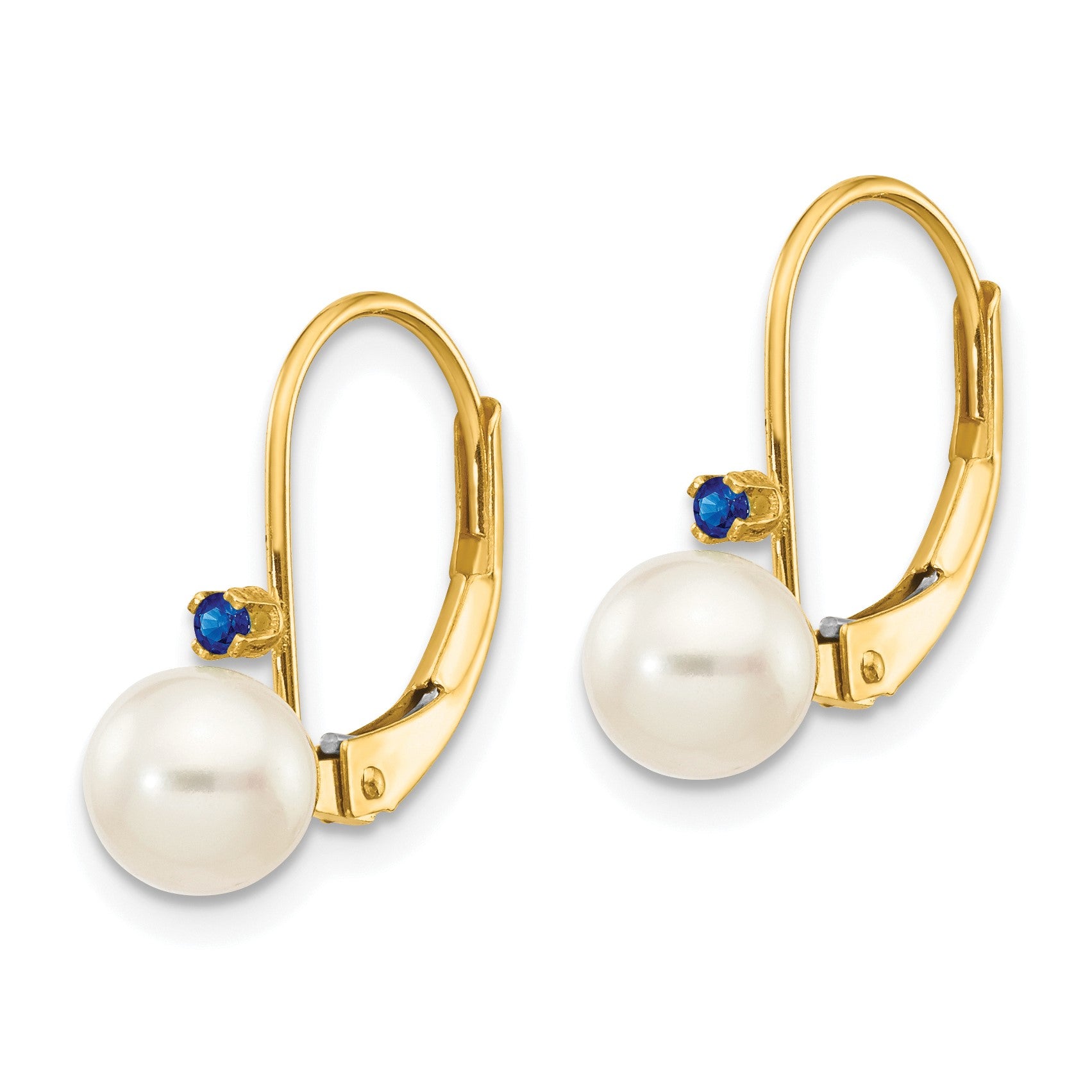 14k 5-5.5mm White Round Freshwater Cultured Pearl and .04SA Sapphire Leverback Earrings