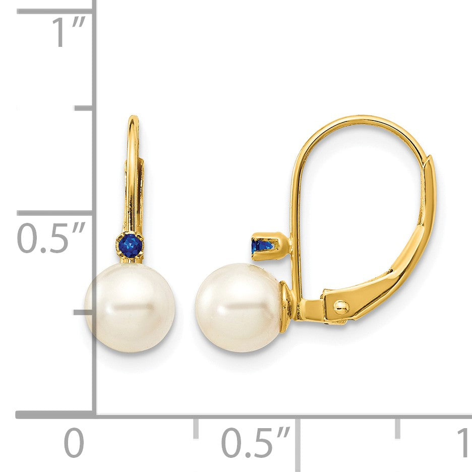 14k 5-5.5mm White Round Freshwater Cultured Pearl and .04SA Sapphire Leverback Earrings