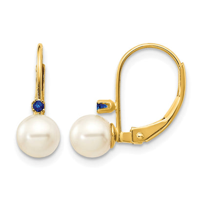 14k 5-5.5mm White Round Freshwater Cultured Pearl and .04SA Sapphire Leverback Earrings