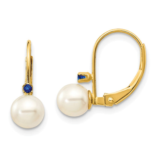 14k 5-5.5mm White Round FW Cultured Pearl Sapphire Leverback Earrings