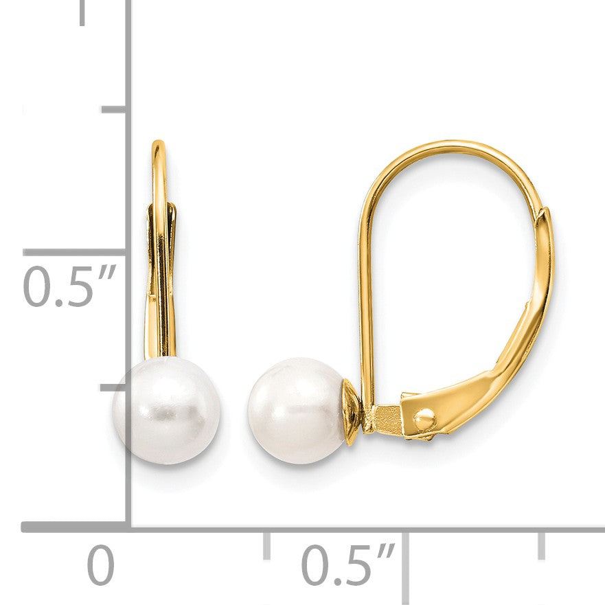 14k 5-6mm White Round Freshwater Cultured Pearl Leverback Earrings