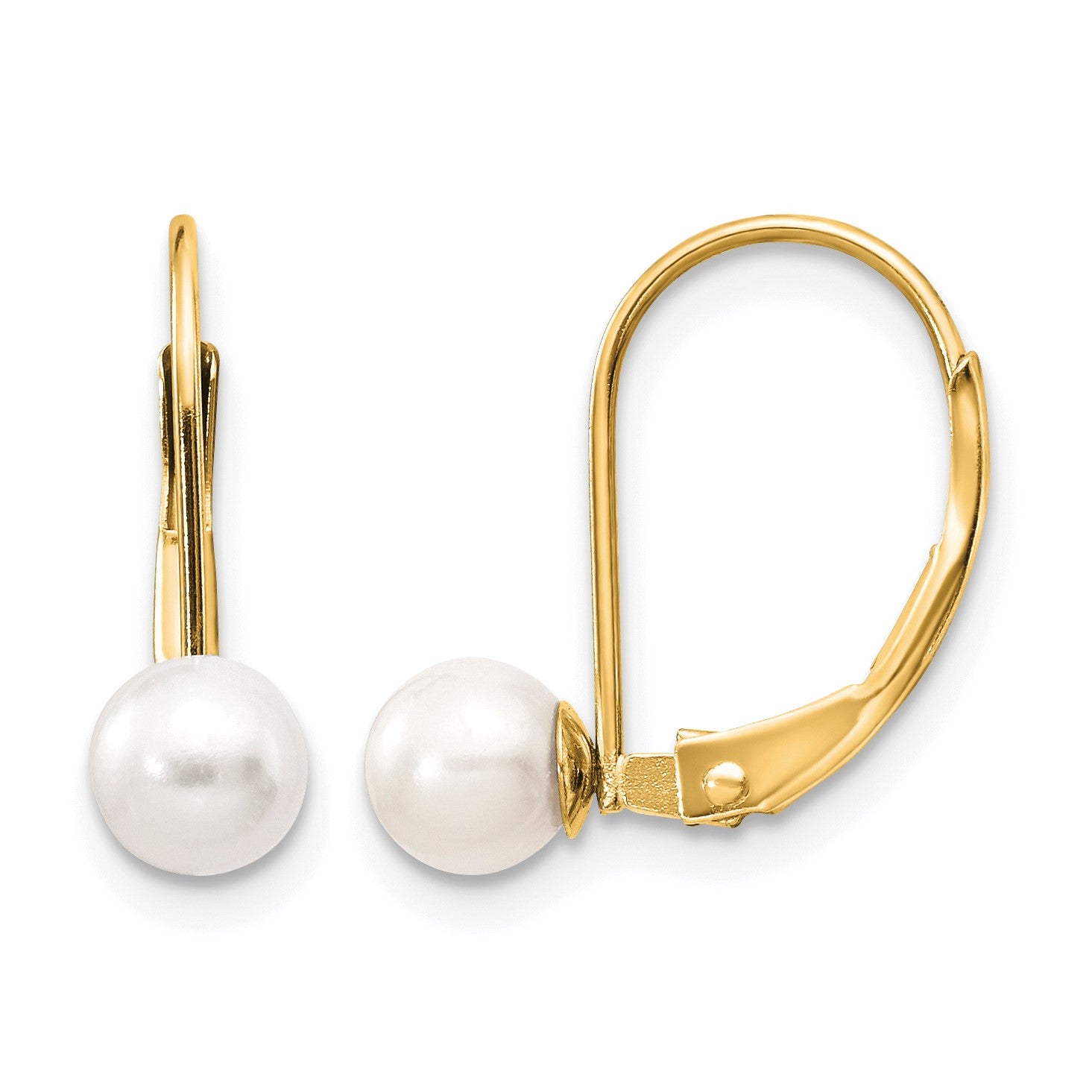 14k 5-6mm White Round Freshwater Cultured Pearl Leverback Earrings