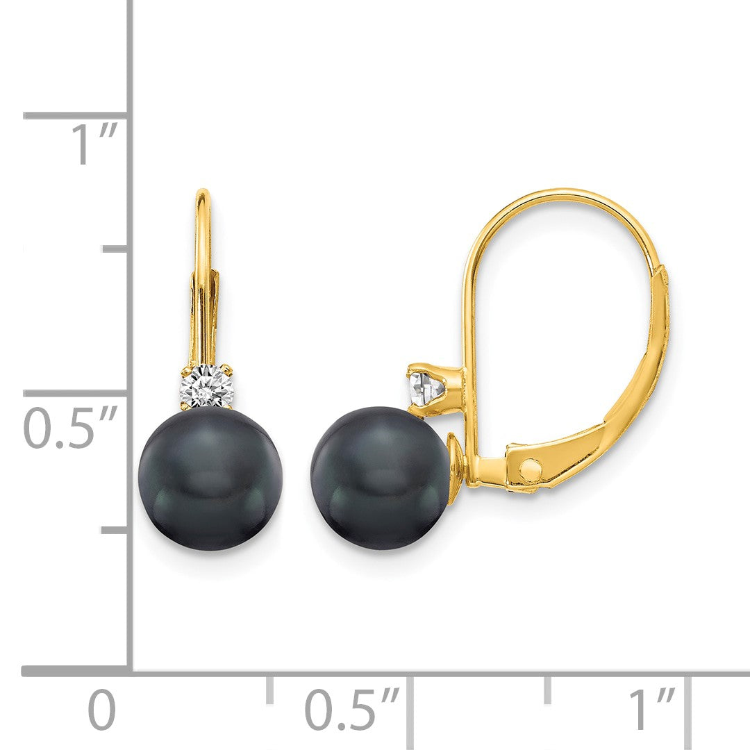 14k 6-7mm Black Near-Round Freshwater Cultured Pearl and .11 carat AA Diamond Leverback Earrings