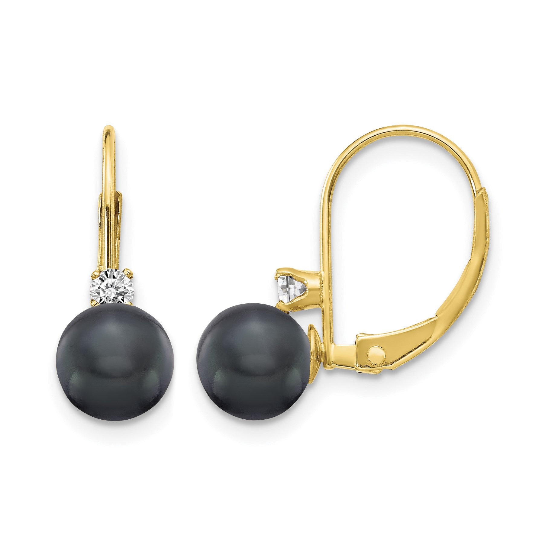 14k 6-7mm Black Near-Round Freshwater Cultured Pearl and .11 carat AA Diamond Leverback Earrings