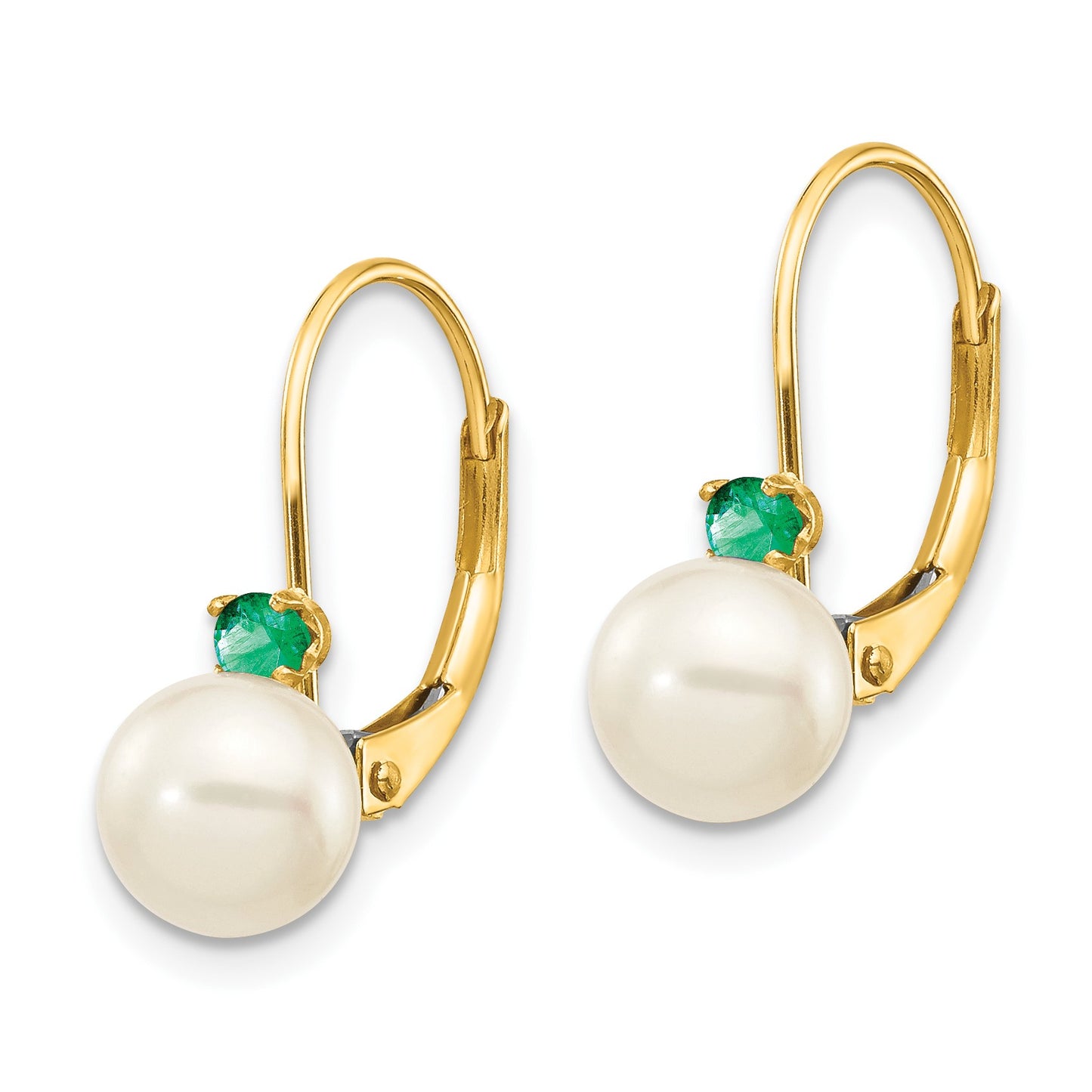 14k 6-6.5mm White Round Freshwater Cultured Pearl and .14EM Emerald Leverback Earrings