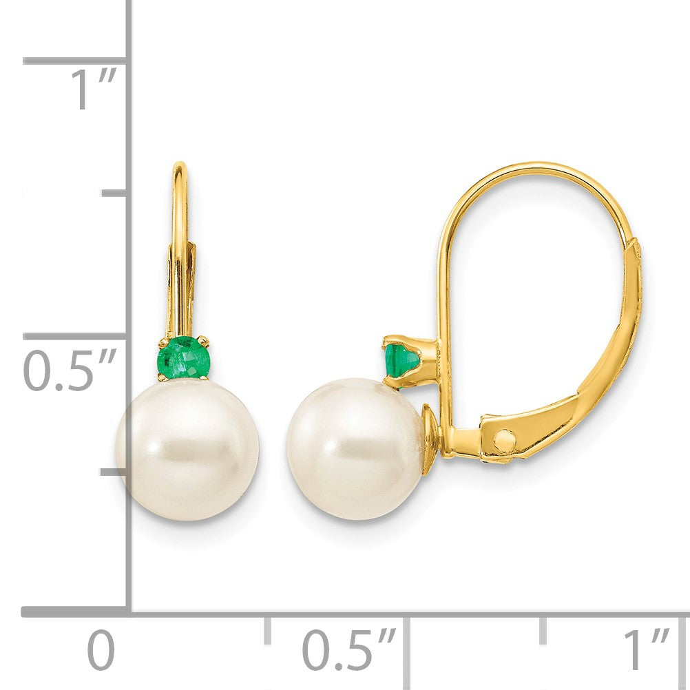 14k 6-6.5mm White Round Freshwater Cultured Pearl and .14EM Emerald Leverback Earrings