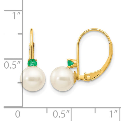 14k 6-6.5mm White Round Freshwater Cultured Pearl and .14EM Emerald Leverback Earrings