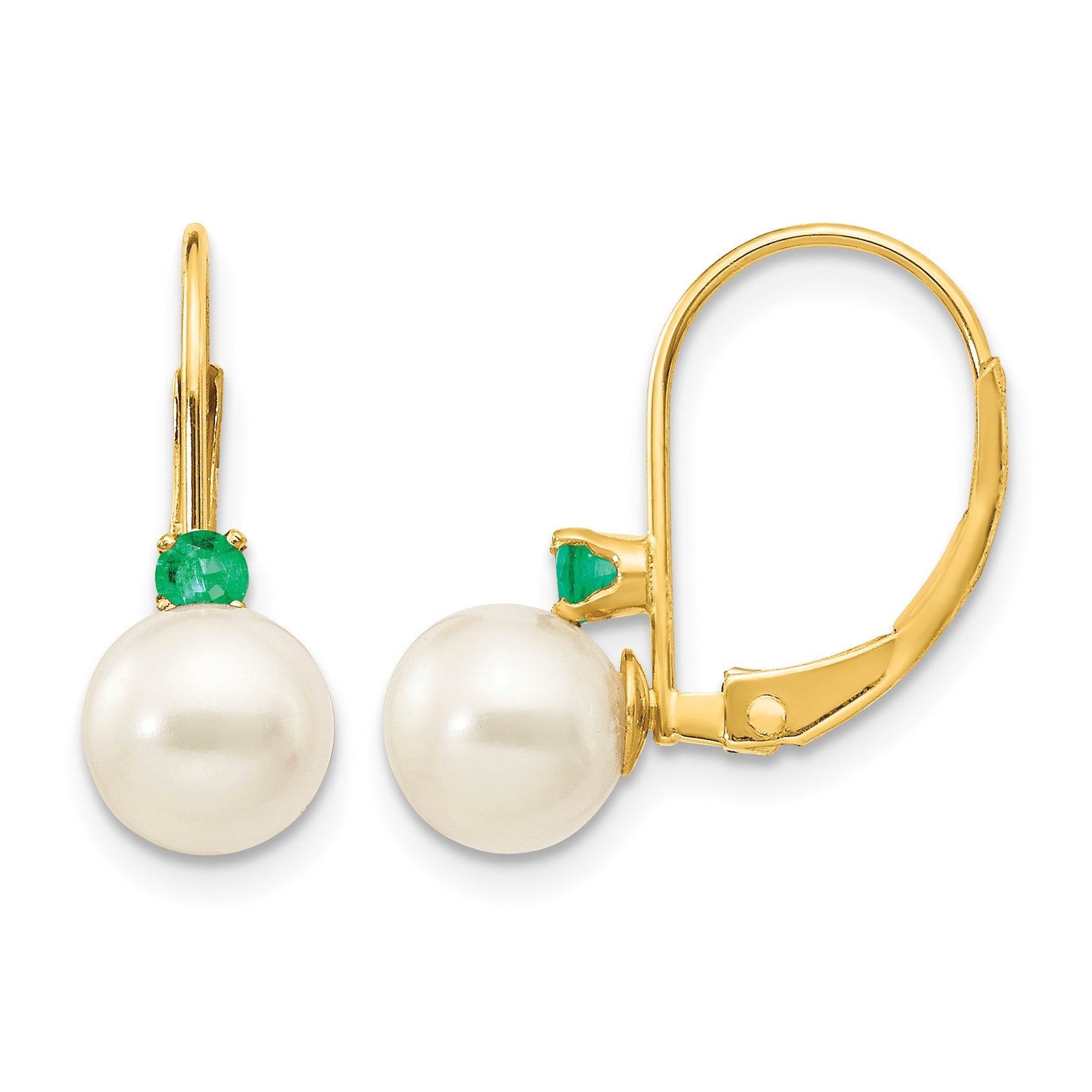 14k 6-6.5mm White Round Freshwater Cultured Pearl and .14EM Emerald Leverback Earrings