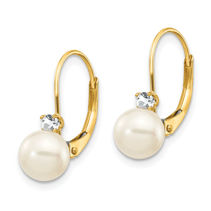 14k 6-7mm White Near-Round Freshwater Cultured Pearl and .11 carat AA Diamond Leverback Earrings