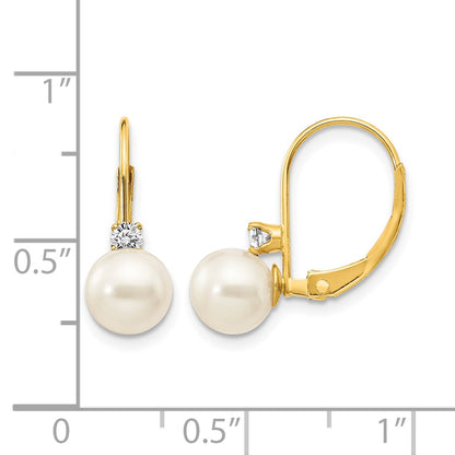14k 6-7mm White Near-Round Freshwater Cultured Pearl and .11 carat AA Diamond Leverback Earrings