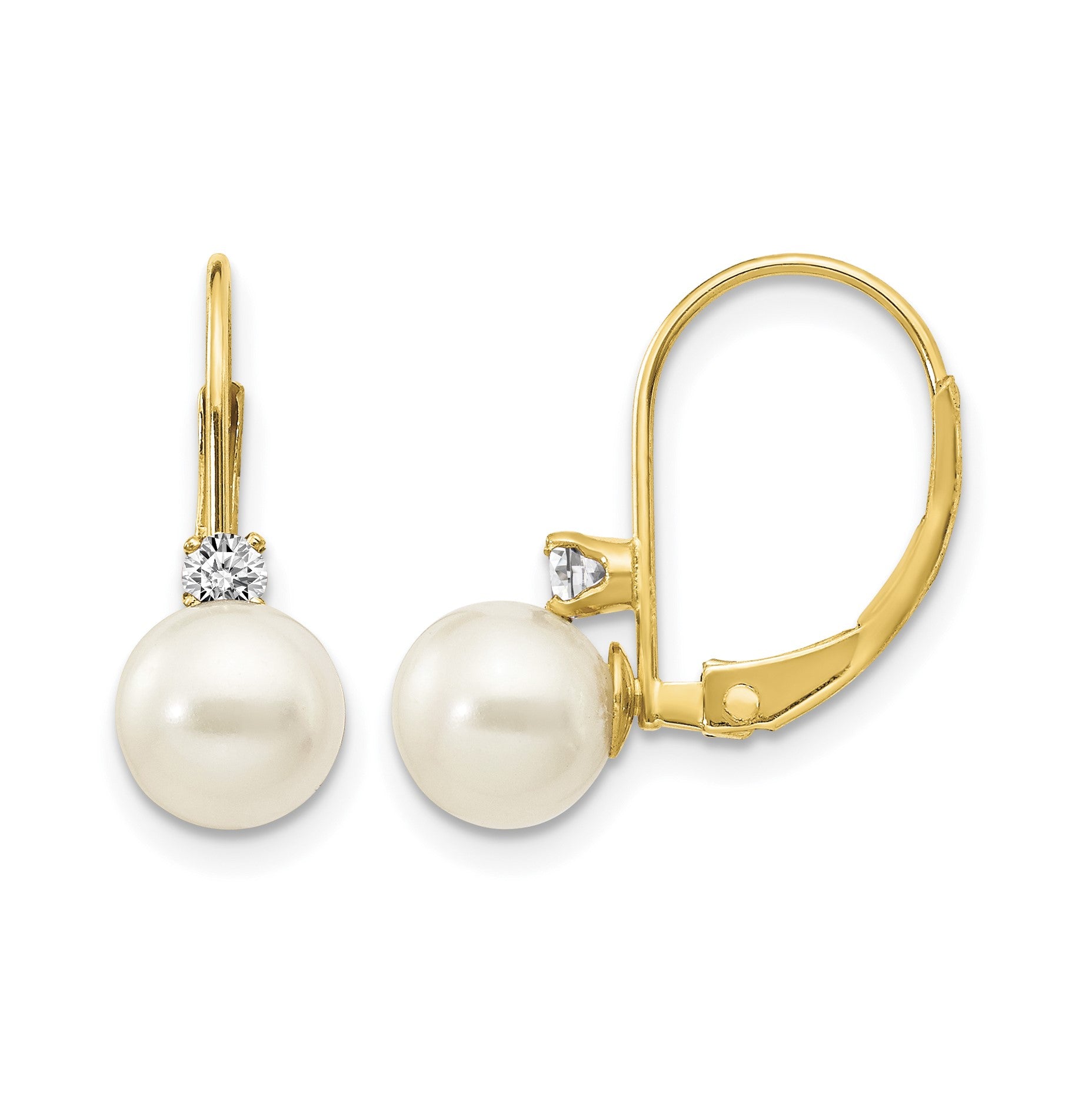 14k 6-7mm White Near-Round Freshwater Cultured Pearl and .11 carat AA Diamond Leverback Earrings