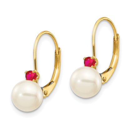 14k 6-6.5mm White Round Freshwater Cultured Pearl and .18RU Ruby Leverback Earrings