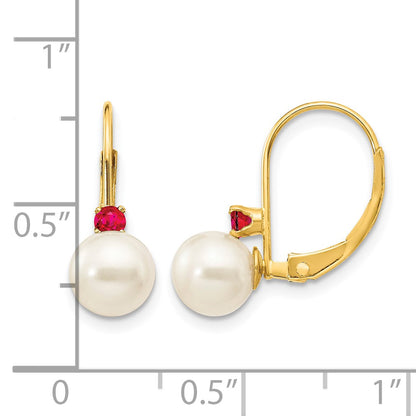 14k 6-6.5mm White Round Freshwater Cultured Pearl and .18RU Ruby Leverback Earrings