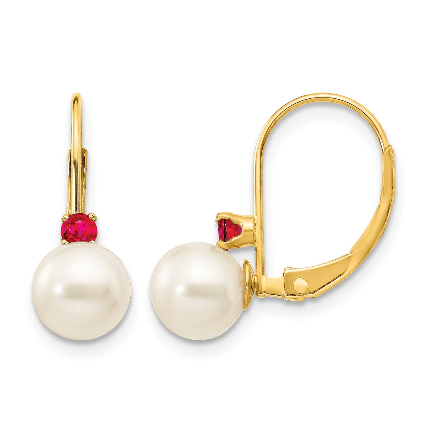 14k 6-6.5mm White Round Freshwater Cultured Pearl and .18RU Ruby Leverback Earrings