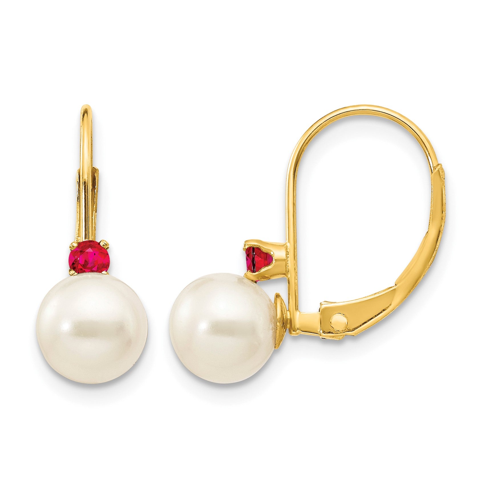 14k 6-6.5mm White Round Freshwater Cultured Pearl and .18RU Ruby Leverback Earrings