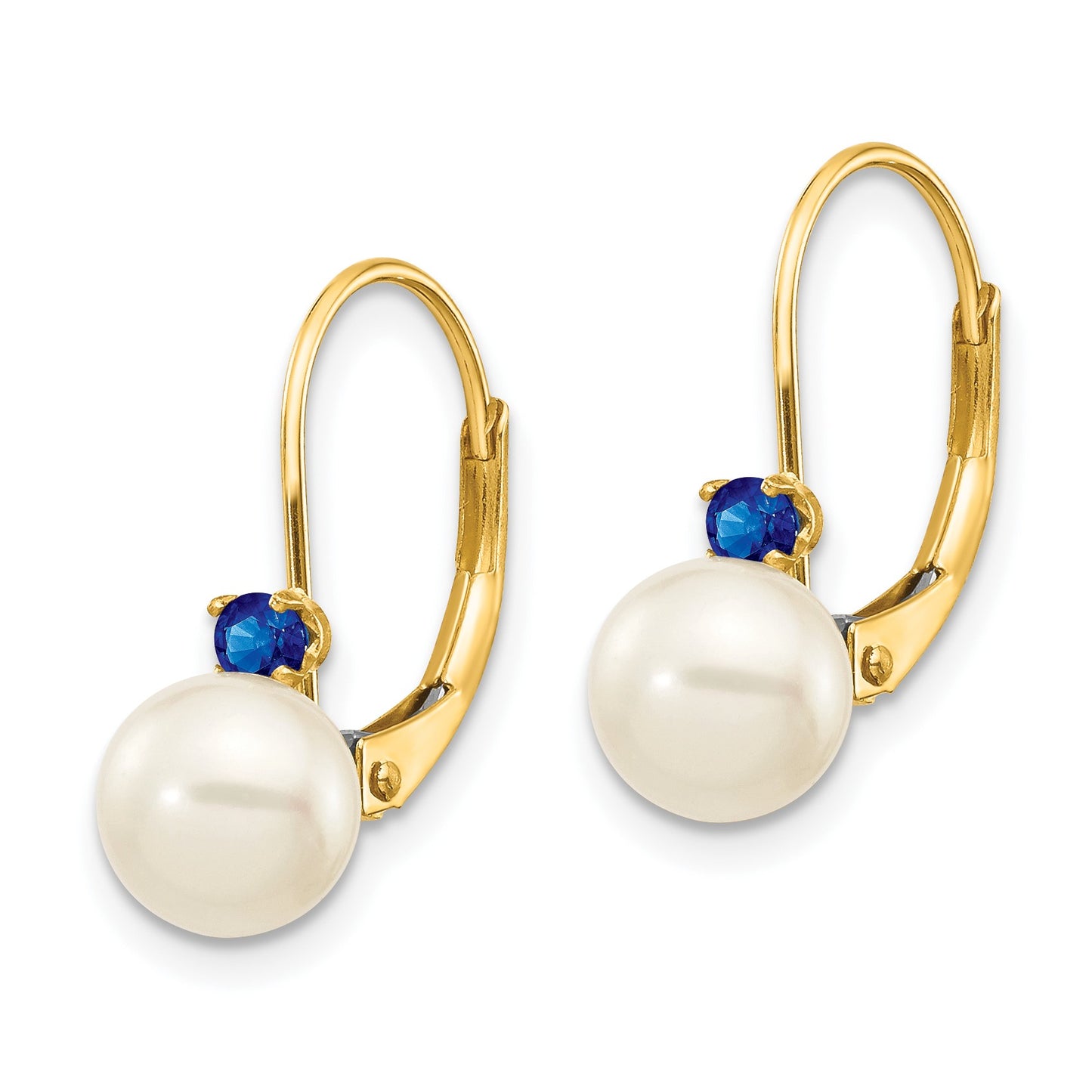 14k 6-6.5mm White Round Freshwater Cultured Pearl and .20SA Sapphire Leverback Earrings