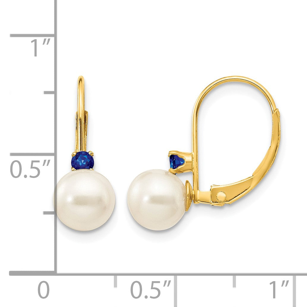 14k 6-6.5mm White Round Freshwater Cultured Pearl and .20SA Sapphire Leverback Earrings