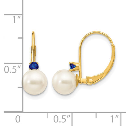 14k 6-6.5mm White Round Freshwater Cultured Pearl and .20SA Sapphire Leverback Earrings