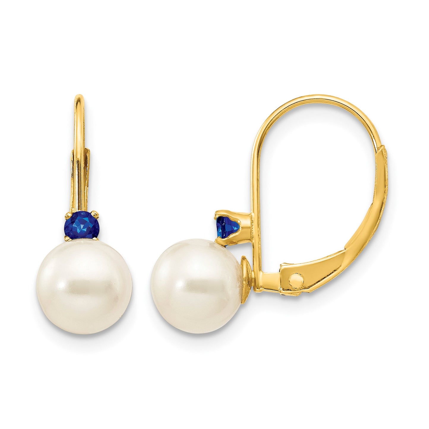 14k 6-6.5mm White Round Freshwater Cultured Pearl and .20SA Sapphire Leverback Earrings