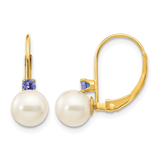 14k 6-6.5mm White Round Freshwater Cultured Pearl and .14TZ Tanzanite Leverback Earrings