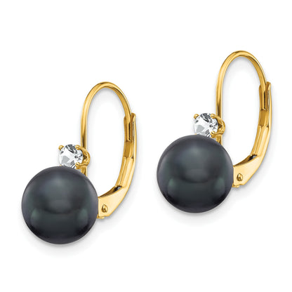 14k 7-8mm Black Near-Round Freshwater Cultured Pearl and .17 carat AA Diamond Leverback Earrings