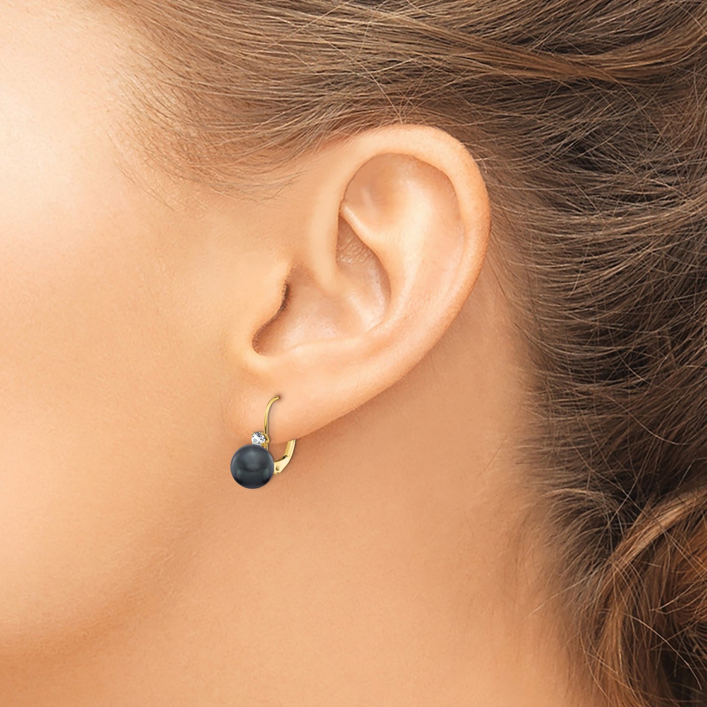 14k 7-8mm Black Near-Round Freshwater Cultured Pearl and .17 carat AA Diamond Leverback Earrings