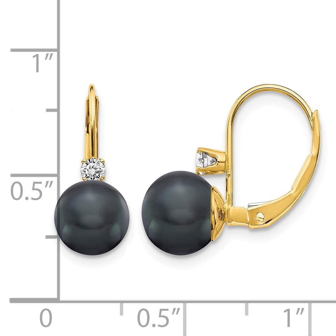 14k 7-8mm Black Near-Round Freshwater Cultured Pearl and .17 carat AA Diamond Leverback Earrings