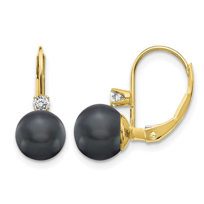 14k 7-8mm Black Near-Round Freshwater Cultured Pearl and .17 carat AA Diamond Leverback Earrings