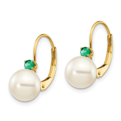 14k 7-7.5mm White Round Freshwater Cultured Pearl and .18EM Emerald Leverback Earrings