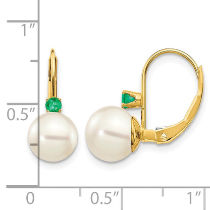 14k 7-7.5mm White Round Freshwater Cultured Pearl and .18EM Emerald Leverback Earrings