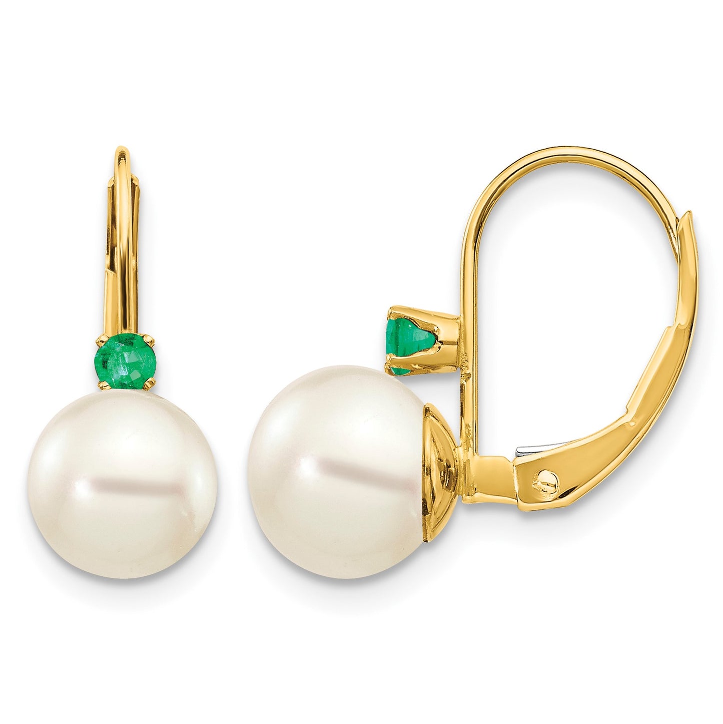 14k 7-7.5mm White Round Freshwater Cultured Pearl and .18EM Emerald Leverback Earrings