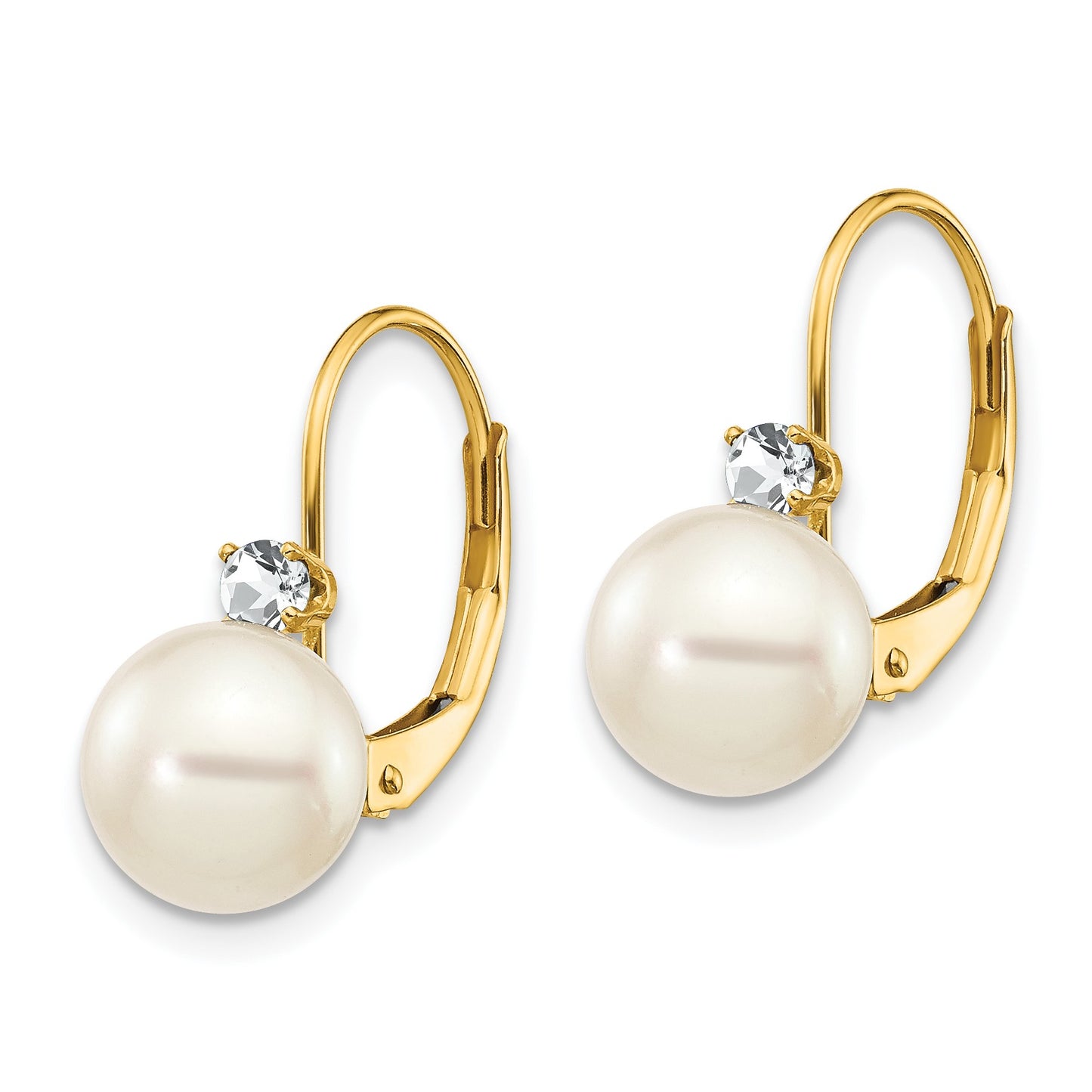 14k 7-8mm White Near-Round Freshwater Cultured Pearl and .17 carat AA Diamond Leverback Earrings