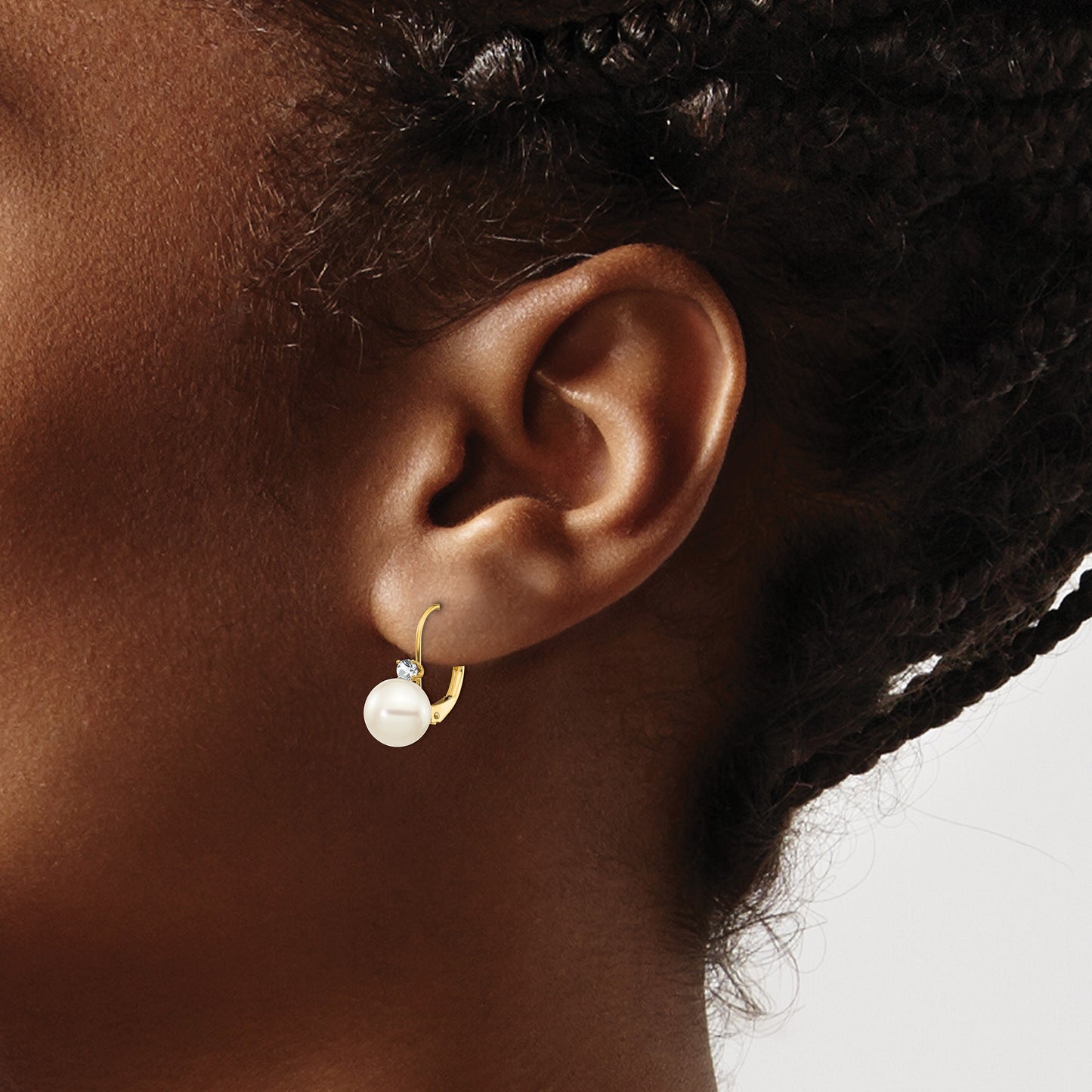 14k 7-8mm White Near-Round Freshwater Cultured Pearl and .17 carat AA Diamond Leverback Earrings