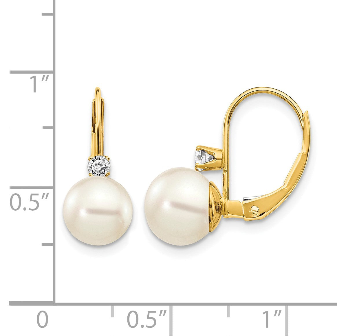 14k 7-8mm White Near-Round Freshwater Cultured Pearl and .17 carat AA Diamond Leverback Earrings