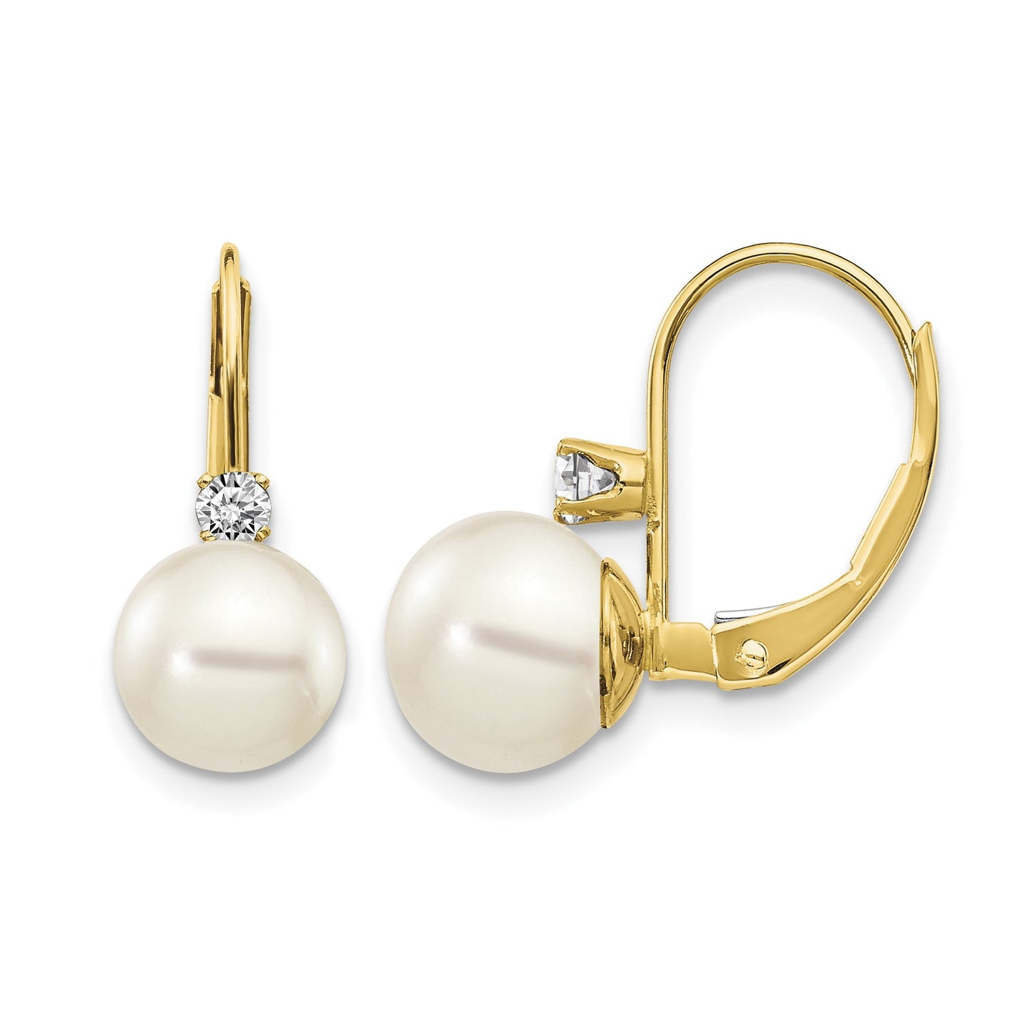 14k 7-8mm White Near-Round Freshwater Cultured Pearl and .17 carat AA Diamond Leverback Earrings