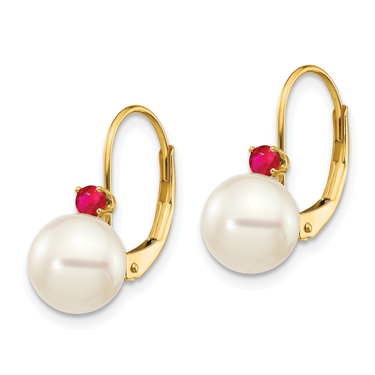 14k 7-7.5mm White Round Freshwater Cultured Pearl and .24RU Ruby Leverback Earrings