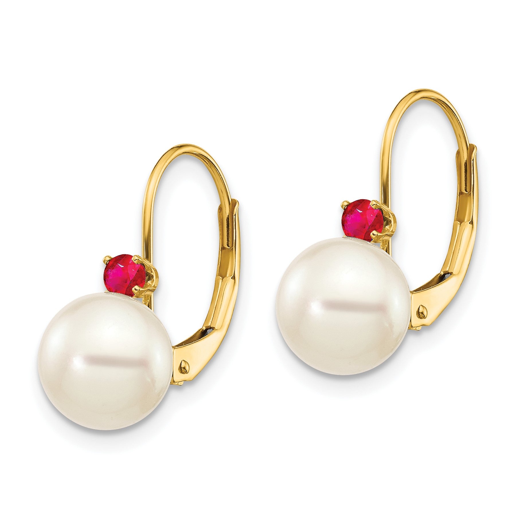 14k 7-7.5mm White Round Freshwater Cultured Pearl and .24RU Ruby Leverback Earrings